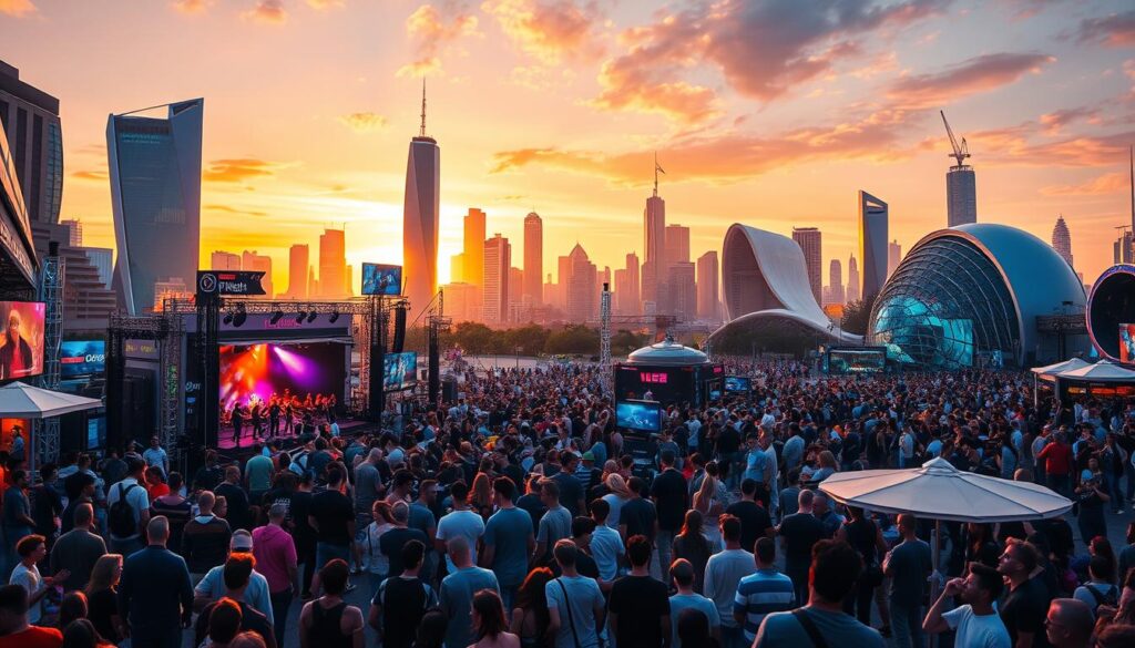 A bustling digital city landscape, with a vibrant array of events and activities unfolding. In the foreground, a lively crowd gathers around a large outdoor stage, where a captivating performance is taking place, bathed in warm, colorful lighting. In the middle ground, various interactive installations and digital displays showcase the latest innovations, drawing the attention of curious onlookers. In the background, a skyline of sleek, futuristic buildings and structures rises, reflecting the dynamic and forward-thinking nature of this digital metropolis. The scene conveys a sense of energy, creativity, and a fusion of technology and entertainment, capturing the essence of the "Events and Activities in the Digital City" section. A bustling digital city landscape, with a vibrant array of events and activities unfolding. In the foreground, a lively crowd gathers around a large outdoor stage, where a captivating performance is taking place, bathed in warm, colorful lighting. In the middle ground, various interactive installations and digital displays showcase the latest innovations, drawing the attention of curious onlookers. In the background, a skyline of sleek, futuristic buildings and structures rises, reflecting the dynamic and forward-thinking nature of this digital metropolis. The scene conveys a sense of energy, creativity, and a fusion of technology and entertainment, capturing the essence of the "Events and Activities in the Digital City" section.