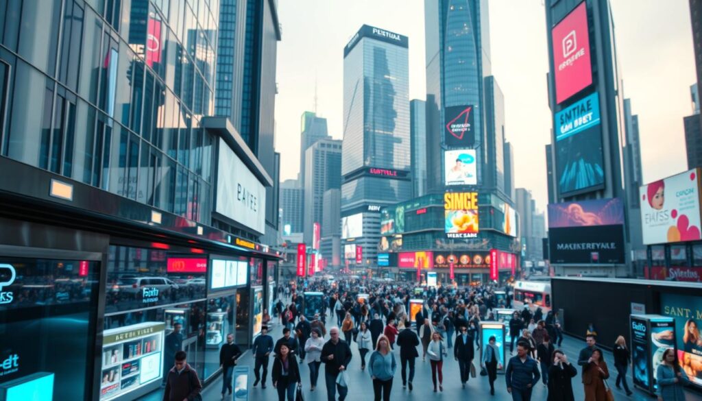 A bustling digital marketplace in the heart of a modern smart city. In the foreground, sleek digital storefronts display the latest e-commerce offerings, their holographic displays shimmering with vibrant colors. In the middle ground, crowds of digitally-enhanced shoppers navigate the virtual avenues, their movements seamlessly integrated with the city's intelligent infrastructure. In the background, towering skyscrapers of glass and steel rise up, their facades adorned with digital billboards and interactive displays. Soft, diffused lighting casts a warm, futuristic glow over the entire scene, creating an atmosphere of technological sophistication and commercial vitality. A bustling digital marketplace in the heart of a modern smart city. In the foreground, sleek digital storefronts display the latest e-commerce offerings, their holographic displays shimmering with vibrant colors. In the middle ground, crowds of digitally-enhanced shoppers navigate the virtual avenues, their movements seamlessly integrated with the city's intelligent infrastructure. In the background, towering skyscrapers of glass and steel rise up, their facades adorned with digital billboards and interactive displays. Soft, diffused lighting casts a warm, futuristic glow over the entire scene, creating an atmosphere of technological sophistication and commercial vitality.