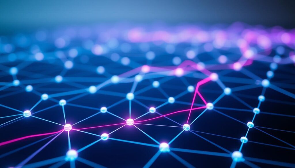 A close-up view of a blockchain network visualization, with a sleek, modern aesthetic. The foreground displays a grid of interconnected nodes, each representing a transaction or block, glowing with a soft, ethereal light. The middle ground showcases a dynamic flow of data, represented by vibrant, pulsing lines that weave between the nodes, conveying the seamless, decentralized nature of the blockchain. The background features a subtle, gradient-based backdrop, lending a sense of depth and emphasizing the technological sophistication of the system. The overall composition evokes a sense of order, connectivity, and the underlying power of blockchain technology.