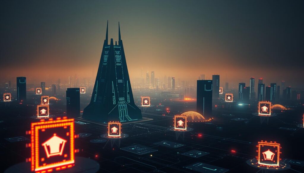 A dark and immersive cybersecurity landscape, with various elements of digital protection in the foreground. In the center, a futuristic data fortress stands tall, its angular structure adorned with glowing circuit patterns. Surrounding it, a network of interconnected nodes and firewalls, each pulsing with a rhythmic glow, conveying the complex layers of cybersecurity. In the background, a hazy, neon-tinged cityscape stretches out, symbolizing the expansive digital realm that requires vigilant safeguarding. The overall atmosphere is one of technological sophistication, digital resilience, and the constant need to stay ahead of evolving cyberthreats. A dark and immersive cybersecurity landscape, with various elements of digital protection in the foreground. In the center, a futuristic data fortress stands tall, its angular structure adorned with glowing circuit patterns. Surrounding it, a network of interconnected nodes and firewalls, each pulsing with a rhythmic glow, conveying the complex layers of cybersecurity. In the background, a hazy, neon-tinged cityscape stretches out, symbolizing the expansive digital realm that requires vigilant safeguarding. The overall atmosphere is one of technological sophistication, digital resilience, and the constant need to stay ahead of evolving cyberthreats.