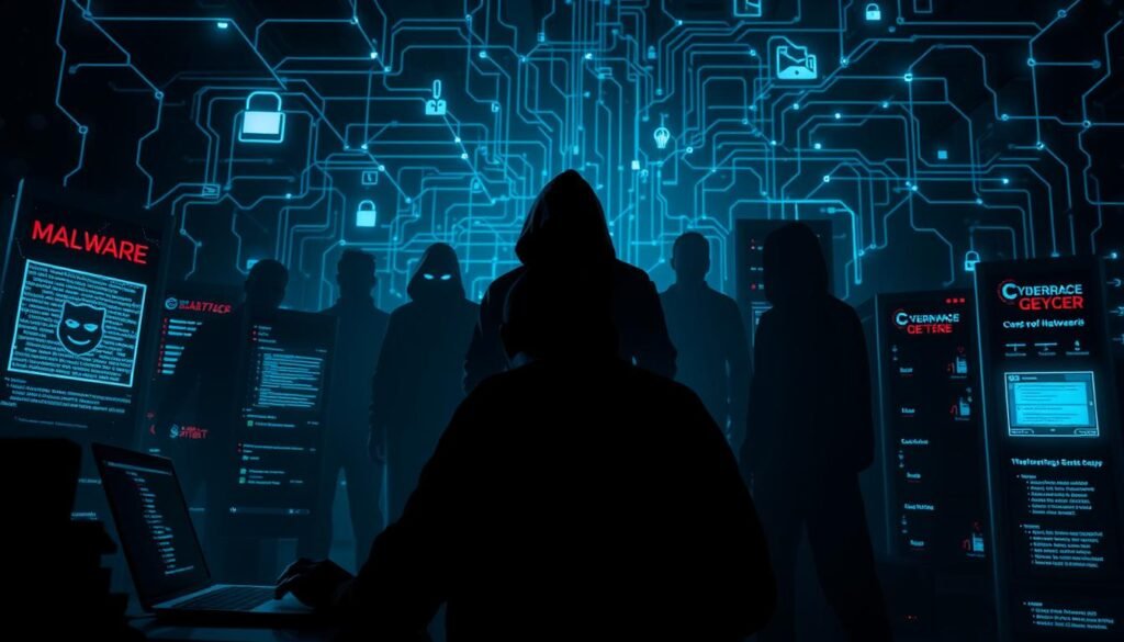 A dark, ominous scene of various cyber threats and digital attacks. In the foreground, a shadowy figure hunches over a laptop, lines of code flickering across the screen. In the middle ground, digital silhouettes of hackers, malware, and data breaches loom, their malicious intent palpable. The background is a vast, interconnected network of servers and devices, glowing with an eerie, electric hue, hinting at the expansive reach of these cyber risks. The lighting is moody and dramatic, casting dramatic shadows and highlights to convey the gravity of the situation. The overall atmosphere is one of tension, danger, and the unseen forces that lurk within the digital realm. A dark, ominous scene of various cyber threats and digital attacks. In the foreground, a shadowy figure hunches over a laptop, lines of code flickering across the screen. In the middle ground, digital silhouettes of hackers, malware, and data breaches loom, their malicious intent palpable. The background is a vast, interconnected network of servers and devices, glowing with an eerie, electric hue, hinting at the expansive reach of these cyber risks. The lighting is moody and dramatic, casting dramatic shadows and highlights to convey the gravity of the situation. The overall atmosphere is one of tension, danger, and the unseen forces that lurk within the digital realm.