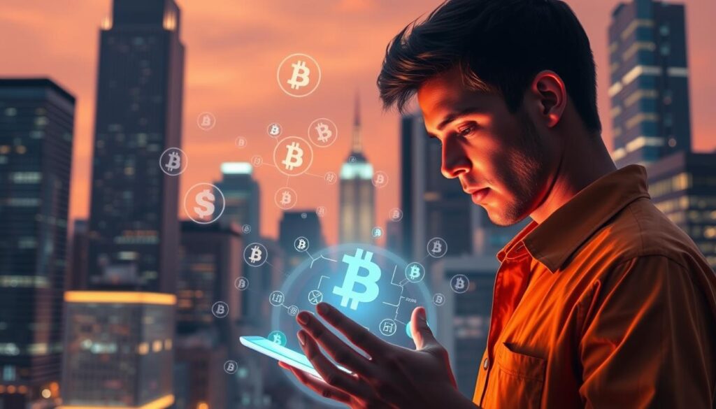 A digital cityscape in warm lighting, with skyscrapers and modern architecture in the background. In the foreground, a person intently examining a glowing holographic display, surrounded by various cryptocurrency symbols and digital assets floating in the air. The scene conveys a sense of financial technology, innovation, and the allure of investing in the digital currency market. The lighting and composition create an atmosphere of discovery and exploration, inviting the viewer to immerse themselves in the world of digital finance.