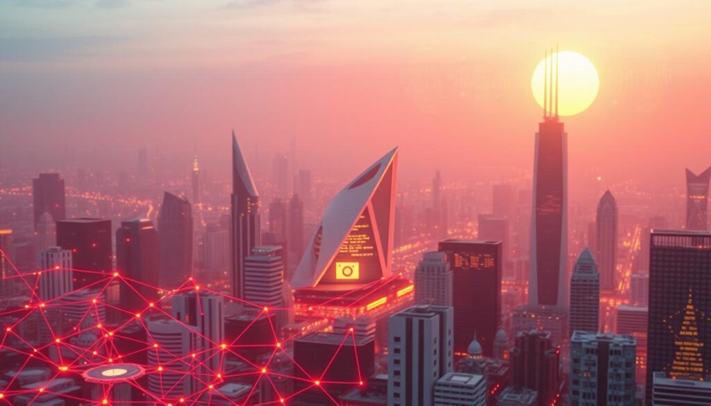 A digital cityscape in warm, vibrant hues. In the foreground, a network of interconnected devices and digital interfaces, representing the process of digitization. The middle ground showcases futuristic architectural elements, sleek and minimalist, symbolizing the integration of technology into our built environment. In the background, a glowing, ethereal sky, evoking a sense of innovation and progress. The lighting is soft and diffuse, creating a dreamlike, aspirational atmosphere. The composition is balanced, with a focus on the harmonious blending of technology and urban design.