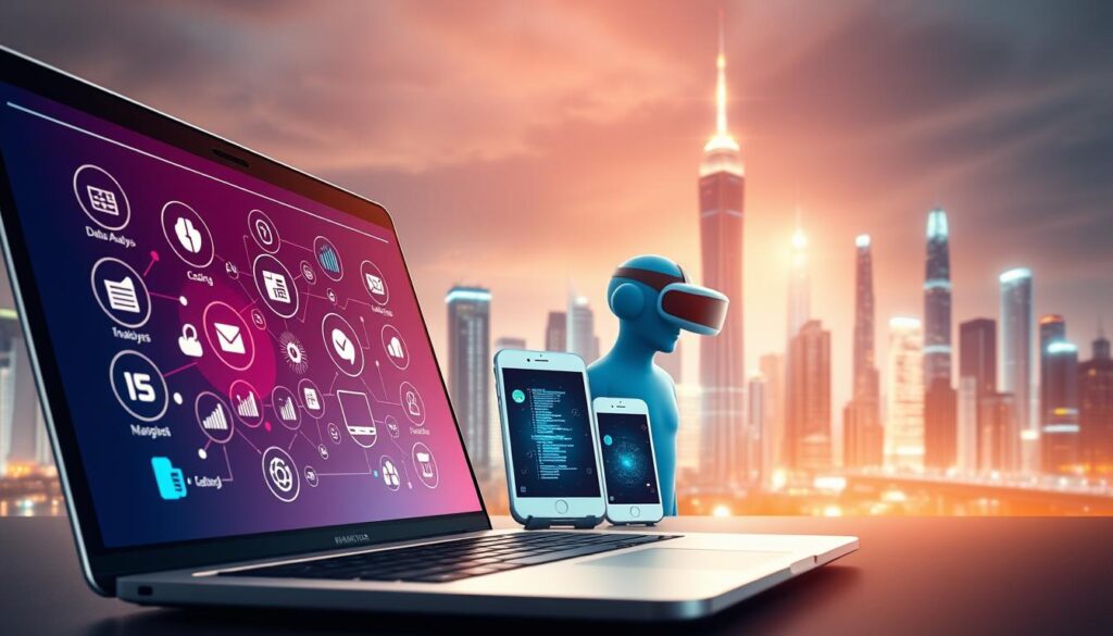 A digital skills showcase in the 21st century: a vibrant, dynamic composition depicting a diverse array of cutting-edge digital abilities. In the foreground, a sleek laptop interface showcases icons representing coding, data analysis, and digital marketing. The middle ground features a trio of digital devices - a tablet, a smartphone, and a virtual reality headset - symbolizing the integrated nature of modern technology. In the background, a futuristic city skyline with towering skyscrapers and glowing holographic displays creates an immersive, tech-savvy atmosphere. The scene is bathed in a soft, warm light, conveying a sense of innovation, progress, and the ever-evolving digital landscape that defines the modern workplace.