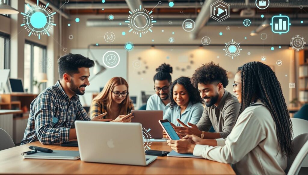 A digital workplace with diverse employees collaborating on laptops and tablets, surrounded by floating digital elements like circuits, data streams, and icons. The scene is well-lit, with warm, natural tones and a sense of productivity and innovation. The focus is on the collaborative nature of honing digital skills, with the employees engaged in active learning and skill-building activities. The overall atmosphere conveys a dynamic, tech-savvy, and forward-thinking work environment.