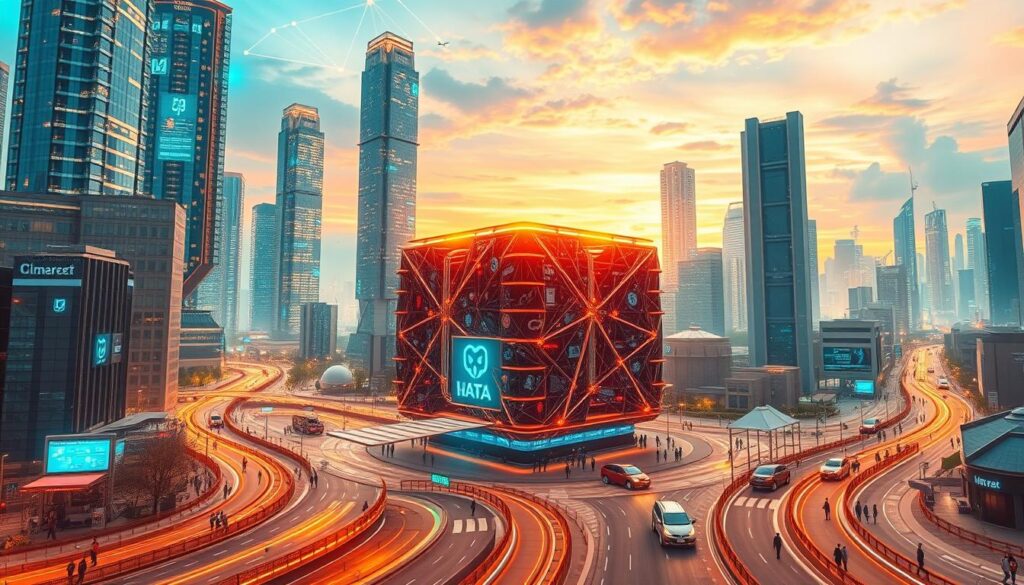 A futuristic cityscape showcasing the digital transformation, with towering skyscrapers adorned with holographic displays, autonomous vehicles navigating seamless smart roads, and a bustling workforce collaborating through virtual interfaces. The scene is bathed in a warm, vibrant glow, conveying a sense of technological progress and innovation. In the foreground, a central structure resembles a data center or tech hub, its intricate architecture and glowing lights symbolizing the heart of the digital ecosystem. The background features a vibrant skyline, where the city merges with the digital realm, blurring the boundaries between the physical and virtual worlds.