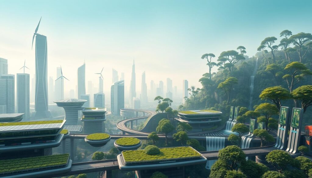 A futuristic cityscape showcasing the integration of sustainable technologies in a digital metropolis. In the foreground, sleek, energy-efficient skyscrapers with solar panels and wind turbines adorning their rooftops. The middle ground features floating gardens, hydroponics farms, and automated transportation systems powered by renewable energy. In the background, a lush urban forest with towering trees and cascading waterfalls, blending seamlessly with the digital infrastructure. Soft, diffused lighting creates a serene, futuristic atmosphere, highlighting the harmony between nature and technology. Captured through a wide-angle lens, the image conveys a vision of a sustainable, technologically advanced city of the future. A futuristic cityscape showcasing the integration of sustainable technologies in a digital metropolis. In the foreground, sleek, energy-efficient skyscrapers with solar panels and wind turbines adorning their rooftops. The middle ground features floating gardens, hydroponics farms, and automated transportation systems powered by renewable energy. In the background, a lush urban forest with towering trees and cascading waterfalls, blending seamlessly with the digital infrastructure. Soft, diffused lighting creates a serene, futuristic atmosphere, highlighting the harmony between nature and technology. Captured through a wide-angle lens, the image conveys a vision of a sustainable, technologically advanced city of the future.