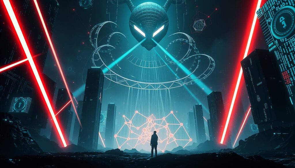 A futuristic digital landscape with towering geometric structures, intersecting data streams, and cryptographic algorithms swirling in the air. Beams of neon light cut through the shadows, casting an eerie glow over the scene. In the foreground, a lone figure stands amidst the complexity, contemplating the challenges of modern encryption. The middle ground features a network of interconnected nodes, pulsing with energy and vulnerability. The background depicts a looming, ominous presence, hinting at the ever-evolving threats to secure communication. Captured with a wide-angle lens, the image conveys a sense of scale and the daunting nature of the subject matter. Moody and atmospheric, the scene evokes the precarious balance between technological advancement and cybersecurity.