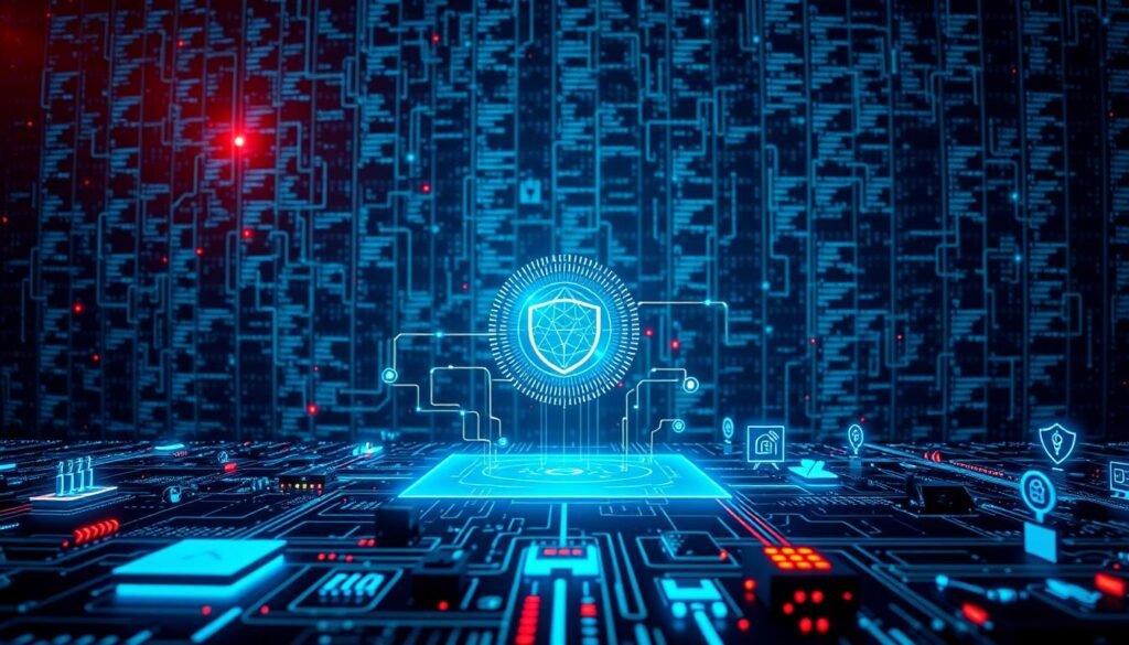 A high-tech digital landscape, illuminated by a glowing cyber grid. In the foreground, sleek icons and symbols representing various cybersecurity measures - firewalls, encryption, intrusion detection, and more. The middle ground features a central holographic display, showcasing the interconnected nature of cyber threats and defenses. In the background, a matrix of code and data streams, hinting at the complex and ever-evolving nature of the cyber realm. The overall mood is one of technological sophistication, with a sense of both the power and vulnerability of digital systems. Lighting is a combination of cool, neon-like tones and warm, incandescent highlights, creating depth and visual interest. A high-tech digital landscape, illuminated by a glowing cyber grid. In the foreground, sleek icons and symbols representing various cybersecurity measures - firewalls, encryption, intrusion detection, and more. The middle ground features a central holographic display, showcasing the interconnected nature of cyber threats and defenses. In the background, a matrix of code and data streams, hinting at the complex and ever-evolving nature of the cyber realm. The overall mood is one of technological sophistication, with a sense of both the power and vulnerability of digital systems. Lighting is a combination of cool, neon-like tones and warm, incandescent highlights, creating depth and visual interest.