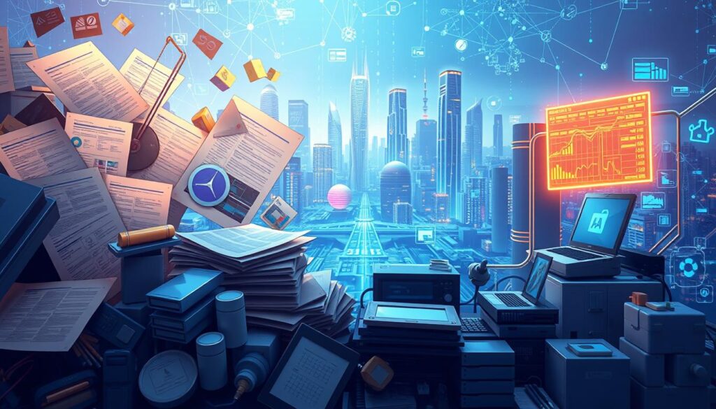 A highly detailed digital illustration showcasing the key differences between digitization and digital transformation. In the foreground, a cluster of analog documents and physical objects gradually morphing into their digital counterparts - spreadsheets, databases, and sleek digital interfaces. In the middle ground, a network of interconnected devices and systems, symbolizing the technological infrastructure underlying digital transformation. The background depicts a vibrant, futuristic cityscape, hinting at the broader societal and economic shifts driven by the transition to a digital world. The scene is bathed in a cool, blue-toned lighting, creating a sense of technological sophistication and progress. The overall composition aims to visually articulate the nuanced relationship between the two concepts, from the granular level of data and processes to the big-picture transformation of industries and societies.