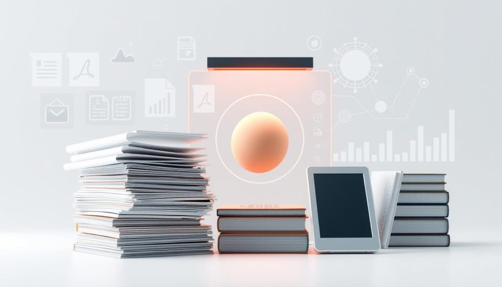 A highly detailed digital illustration showcasing various types of digitization in a clean, minimalist style. In the foreground, a stack of documents and physical media like books and photos transitioning into their digital counterparts - PDFs, image files, and e-books. In the middle ground, a 3D model of a physical object being scanned, while in the background, data visualization elements like graphs, charts, and digital networks represent the broader scope of digitization. The overall scene is illuminated by a soft, neutral lighting with a cool color palette, conveying a sense of technological sophistication and efficiency.