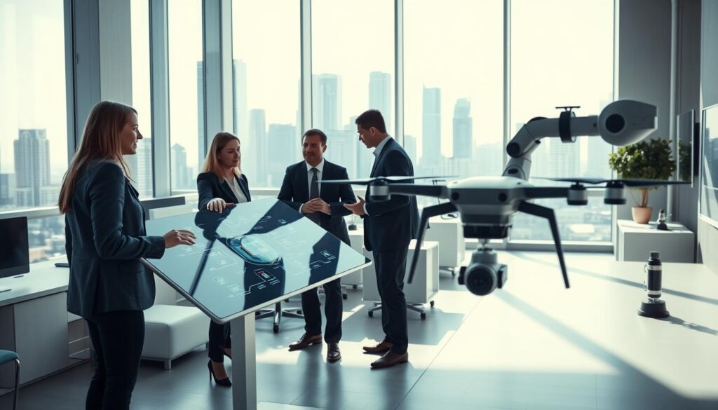 A modern office space with sleek, minimalist furniture and equipment. In the foreground, a group of professionals collaborating on a touchscreen display, representing digital transformation in action. In the middle ground, a drone or robotic arm carrying out an automated task, showcasing technological advancements. The background features a cityscape with towering skyscrapers, hinting at the scale and impact of digital transformation on the business landscape. The lighting is bright and natural, creating a sense of productivity and innovation. The overall mood is one of efficiency, progress, and the seamless integration of technology into the workplace.