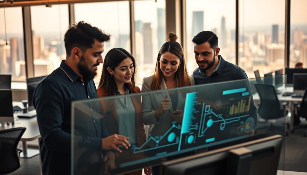 A modern, sleek digital workplace with integrated technology. In the foreground, a group of diverse professionals collaborating around a digital display, their expressions focused and engaged. The middle ground features a panoramic view of an open-concept office, with ergonomic workstations and cutting-edge devices. The background showcases a dynamic cityscape, conveying the fast-paced, technologically-driven nature of the contemporary work environment. Warm, natural lighting filters through large windows, creating a productive and innovative atmosphere. The scene emphasizes the importance of digital skills and fluency with emerging technologies in today's competitive and rapidly evolving job market.