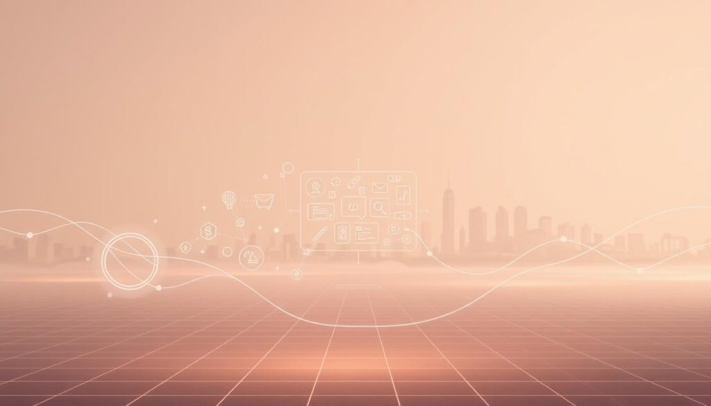 A serene digital landscape, where ethereal lines and geometric shapes dance in a soft, muted color palette. In the foreground, a stylized representation of digital skills and technologies emerges, with sleek icons and symbols hovering amidst a subtle grid-like structure. The middle ground features a fluid, almost holographic display, showcasing a variety of digital tools and applications. In the background, a minimalist, minimalist cityscape hints at the urban environment where these digital skills are applied. The scene is bathed in a warm, diffused lighting, creating a sense of balance and harmony, reflecting the introduction to the digital skills that empower the modern workforce.
