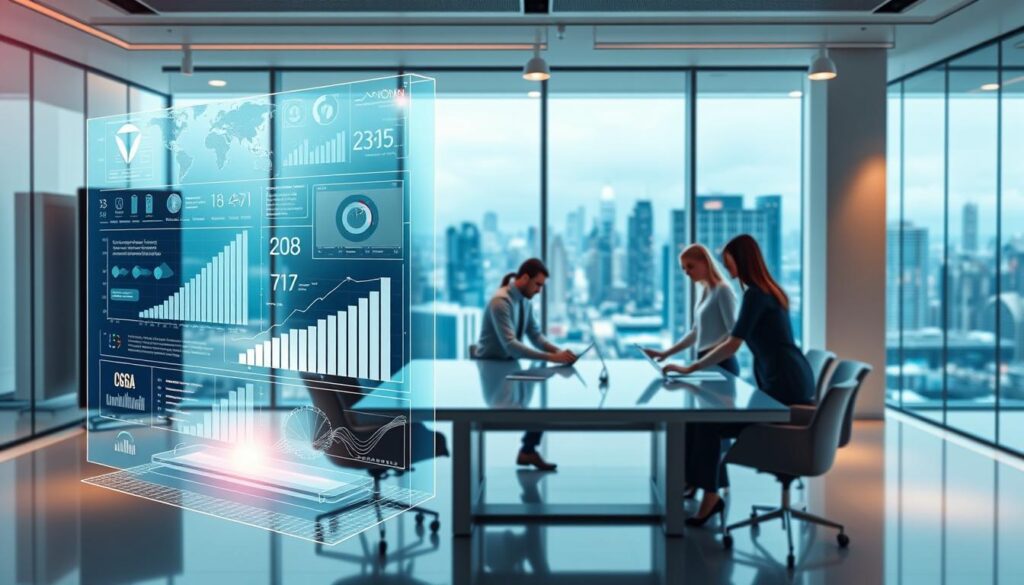 A sleek, modern office setting with a focus on digital transformation. In the foreground, a holographic display showcases various business metrics and analytics, representing the data-driven insights empowered by digital tools. In the middle ground, professionals collaborate around a large touchscreen table, leveraging collaborative software to streamline workflows. The background features a panoramic window overlooking a bustling cityscape, symbolizing the global connectivity and expanded market access enabled by digital transformation. The lighting is bright and professional, with a mix of warm and cool tones creating a dynamic, technology-forward atmosphere. The overall scene conveys the benefits of digital transformation for businesses, including improved efficiency, data-driven decision-making, and enhanced collaboration.