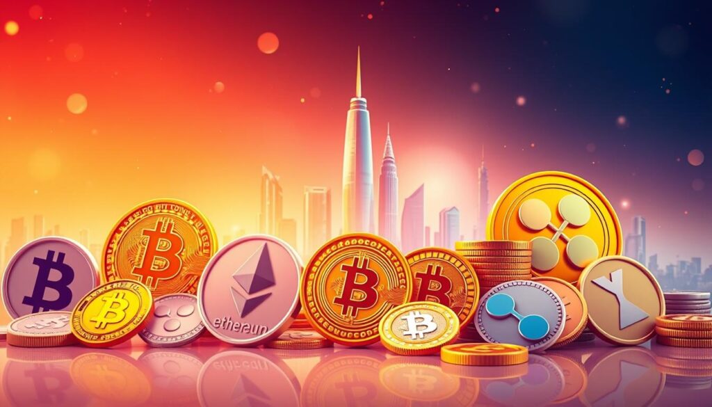 A vibrant, detailed illustration showcasing various digital currencies. In the foreground, an assortment of stylized cryptocurrency icons, including Bitcoin, Ethereum, Litecoin, and Ripple, arranged in a visually compelling layout. The middle ground features a futuristic cityscape with towering skyscrapers, conveying the global and technological nature of digital finance. The background is bathed in a warm, ambient glow, creating a sense of innovation and progress. The lighting is soft and diffused, highlighting the sleek, modern design of the digital assets. The overall composition should convey the diverse ecosystem of digital currencies and their growing importance in the modern financial landscape.
