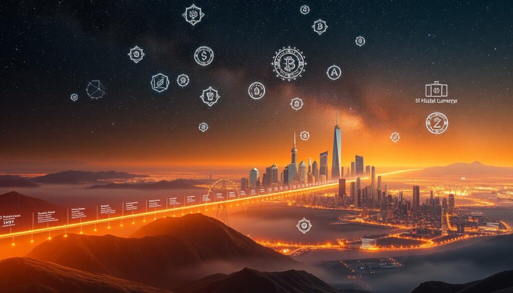 A visually striking, expansive landscape depicting the history of digital currencies. In the foreground, a timeline of key events and milestones unfolds, represented by glowing holograms and shimmering data visualizations. The middle ground features a towering, futuristic city skyline, its buildings and infrastructure a testament to the transformative power of blockchain technology. In the background, a starry night sky serves as a canvas for abstract representations of cryptocurrency algorithms and cryptographic protocols, creating a mesmerizing, otherworldly atmosphere. Warm, diffused lighting casts a dreamlike glow over the entire scene, evoking a sense of innovation, progress, and the boundless potential of the digital economy.