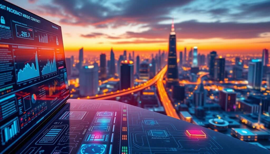 Detailed cybersecurity risk management illustration. In the foreground, a sleek, futuristic digital control panel with holographic displays showcasing various security metrics and analytics. The middle ground features a network of interconnected devices and systems, secured by layers of firewalls, encryption, and access controls. In the background, a cityscape with towering skyscrapers and a vibrant, neon-lit skyline, representing the vast and complex cyber landscape that organizations must navigate. The scene is illuminated by a warm, yet techno-centric lighting, creating an atmosphere of precision, vigilance, and proactive risk mitigation. The overall composition conveys the importance of comprehensive cybersecurity risk management in safeguarding digital assets and maintaining operational resilience. Detailed cybersecurity risk management illustration. In the foreground, a sleek, futuristic digital control panel with holographic displays showcasing various security metrics and analytics. The middle ground features a network of interconnected devices and systems, secured by layers of firewalls, encryption, and access controls. In the background, a cityscape with towering skyscrapers and a vibrant, neon-lit skyline, representing the vast and complex cyber landscape that organizations must navigate. The scene is illuminated by a warm, yet techno-centric lighting, creating an atmosphere of precision, vigilance, and proactive risk mitigation. The overall composition conveys the importance of comprehensive cybersecurity risk management in safeguarding digital assets and maintaining operational resilience.