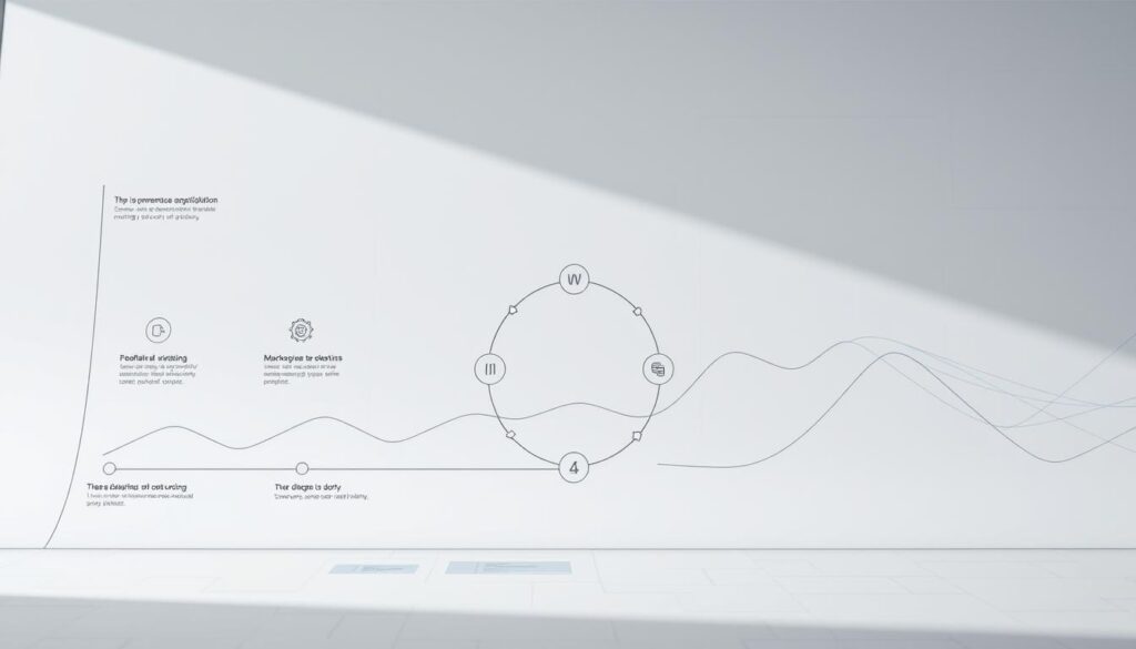 Stages of a digital transformation project: a visually striking blueprint with clean lines, geometric shapes, and a muted color palette. In the foreground, a series of interconnected steps and milestones, represented by minimalist icons and subtle typographic elements. The middle ground features a dynamic flow diagram, illustrating the cyclical nature of the process, with feedback loops and iterative refinements. In the background, a subtle grid pattern or wireframe landscape, hinting at the technological underpinnings and the systematic approach to digital transformation. The overall composition conveys a sense of order, progress, and the measured, step-by-step nature of a successful digitization initiative. Lighting is soft and diffused, creating a calm, contemplative atmosphere.