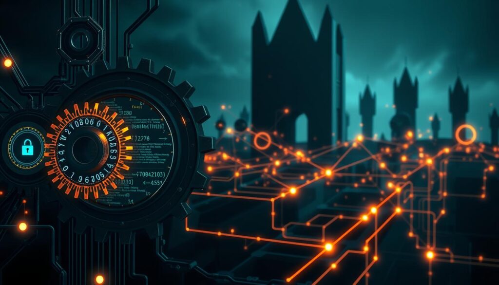 a digital illustration of modern cryptographic algorithms, showcasing a series of interconnected gears, circuits, and geometric shapes in a dark, moody color palette. The foreground features intricate cog-like structures with complex mathematical symbols and code snippets embedded within, hinting at the technical complexity of the encryption processes. The middle ground presents a network of glowing energy lines and data streams, symbolizing the data flow and interconnectivity of the algorithms. The background sets a mysterious, futuristic atmosphere with a backdrop of shadowy, geometric architectural elements, suggesting the importance and gravitas of these modern encryption methods.