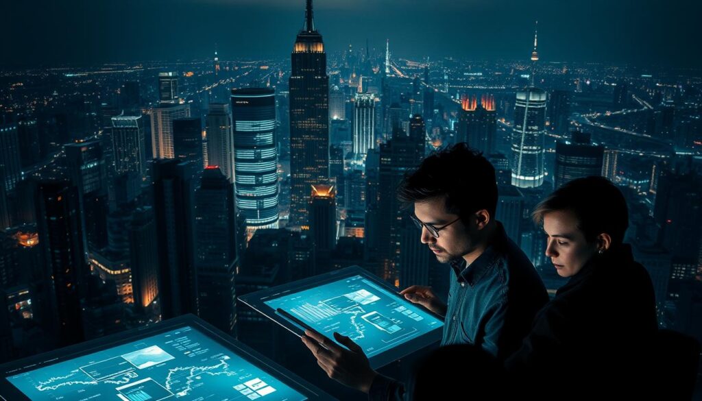 A complex cityscape at night, with towering skyscrapers and a bustling metropolis in the background. In the foreground, a team of data analysts pore over holographic displays, their faces illuminated by the glow of the screens. Shadows cast by the buildings create a sense of depth and perspective, while subtle lighting highlights the challenges of data analysis - the need to sift through vast amounts of information, identify patterns, and extract meaningful insights. The atmosphere is one of intensity and focus, with the analysts immersed in their work, their expressions reflecting the difficulty and importance of their task.