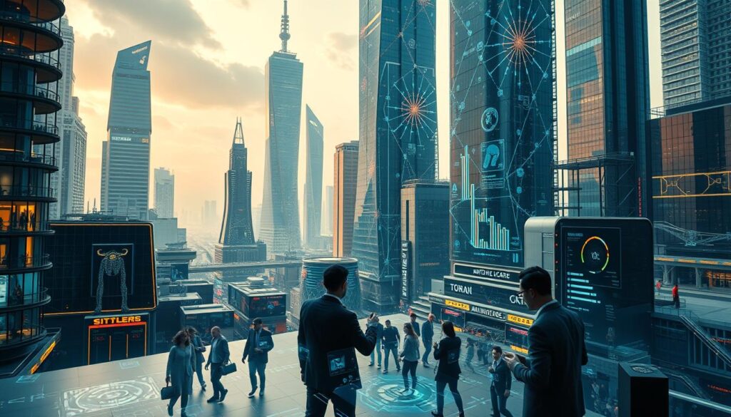 A complex cityscape with futuristic architecture, bustling with activity. In the foreground, a team of business professionals grapple with holographic displays, navigating the challenges of implementing AI systems. The middle ground showcases a mix of traditional and cutting-edge technology, reflecting the blend of old and new. In the background, a towering skyscraper adorned with intricate data visualizations symbolizes the scale and complexity of AI-driven business transformation. Lighting is a mix of warm, ambient tones and cool, directional beams, creating depth and drama. The overall mood conveys the tension and excitement of harnessing AI's potential while navigating its obstacles.