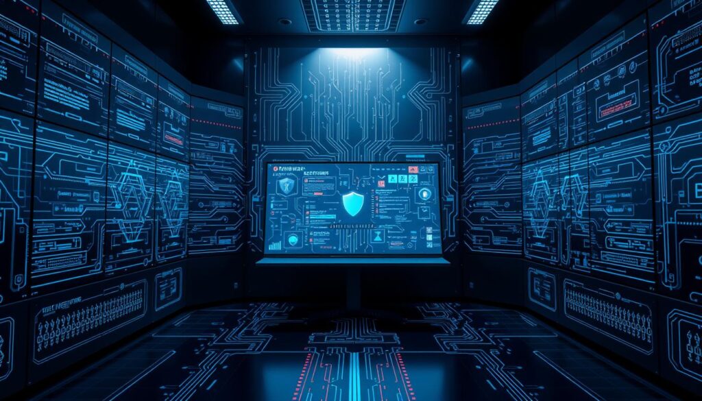 A cybersecurity firewall system, its intricate network of virtual safeguards protecting a digital home. Sleek, modern panels in shades of blue and gray, emitting a soft glow. Cyberpunk-inspired aesthetic, radiating a sense of technological vigilance. Intricate patterns of data flows, visualized as dynamic, interconnected lines. A central control console displays real-time network activity and security alerts. Dramatic lighting from behind casts shadows, heightening the sense of importance and gravity. The entire scene conveys a robust, futuristic defense against online threats, ready to safeguard the digital sanctuary. A cybersecurity firewall system, its intricate network of virtual safeguards protecting a digital home. Sleek, modern panels in shades of blue and gray, emitting a soft glow. Cyberpunk-inspired aesthetic, radiating a sense of technological vigilance. Intricate patterns of data flows, visualized as dynamic, interconnected lines. A central control console displays real-time network activity and security alerts. Dramatic lighting from behind casts shadows, heightening the sense of importance and gravity. The entire scene conveys a robust, futuristic defense against online threats, ready to safeguard the digital sanctuary.