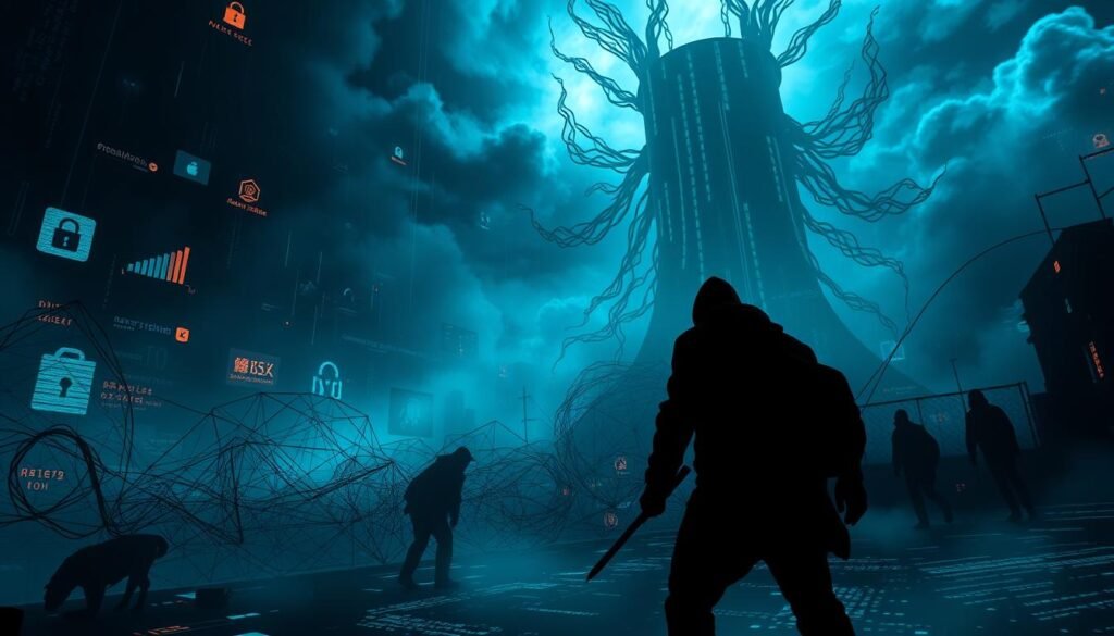 A dark, ominous digital landscape with towering cyber threats looming overhead. In the foreground, a silhouetted figure battles against a barrage of hacking tools, data breaches, and online privacy invasions. The middle ground features a tangled web of digital infrastructure, with glowing lines of code and ominous symbols pulsing with malicious intent. The background is shrouded in a haze of uncertainty, with shadowy figures and ominous clouds of digital obfuscation. The scene is lit by an eerie, bluish glow, creating a sense of unease and vulnerability. Realistic, cinematic, highly detailed, dramatic lighting, 8k. A dark, ominous digital landscape with towering cyber threats looming overhead. In the foreground, a silhouetted figure battles against a barrage of hacking tools, data breaches, and online privacy invasions. The middle ground features a tangled web of digital infrastructure, with glowing lines of code and ominous symbols pulsing with malicious intent. The background is shrouded in a haze of uncertainty, with shadowy figures and ominous clouds of digital obfuscation. The scene is lit by an eerie, bluish glow, creating a sense of unease and vulnerability. Realistic, cinematic, highly detailed, dramatic lighting, 8k.
