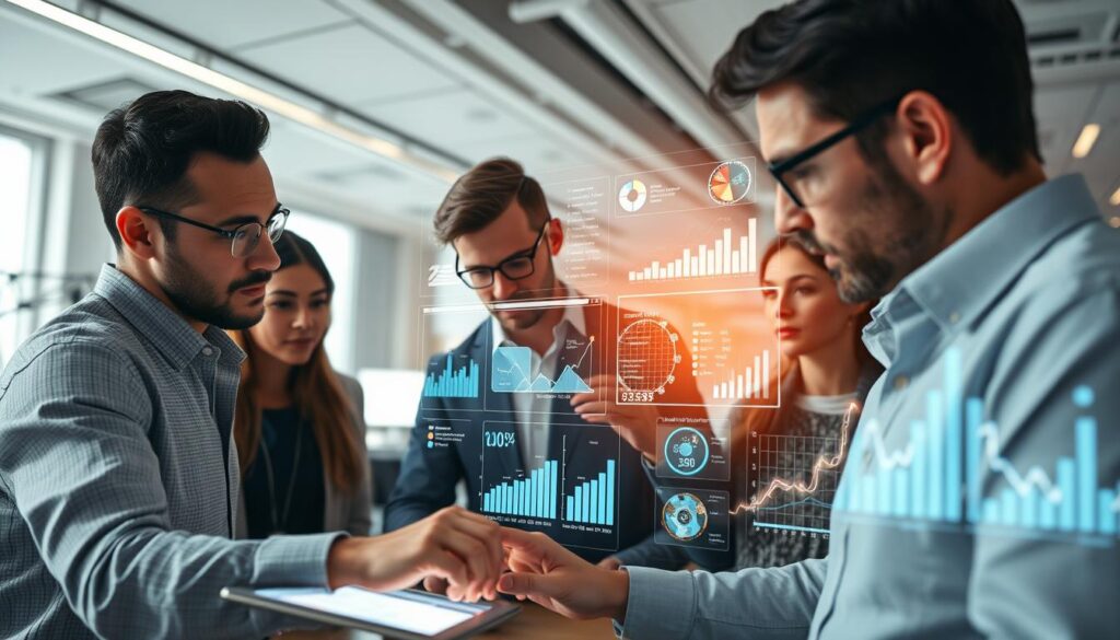 A data-driven business analysis scene, captured with a wide-angle lens in soft, diffused lighting. In the foreground, a team of analysts poring over holographic data visualizations, their expressions focused and engaged. In the middle ground, a large interactive dashboard displays insightful charts and graphs, the data flowing and pulsing with energy. The background showcases a futuristic office environment, with sleek, minimalist architecture and technologically advanced workstations. The overall atmosphere conveys the value and power of data-driven decision making, highlighting the benefits of data analysis for businesses.