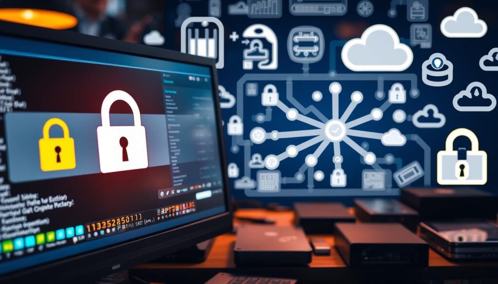 A detailed and technical scene showcasing various data protection tools and techniques. In the foreground, a computer monitor displays an encryption process, with a lock icon and a secure code. In the middle ground, a network diagram illustrates secure data transmission protocols, with nodes and arrows representing the flow of information. In the background, various storage devices such as hard drives, USB drives, and cloud storage icons symbolize secure data storage solutions. The scene is illuminated by a warm, ambient lighting, creating a sense of professionalism and reliability. The overall composition conveys the importance of comprehensive data protection strategies in the digital age. A detailed and technical scene showcasing various data protection tools and techniques. In the foreground, a computer monitor displays an encryption process, with a lock icon and a secure code. In the middle ground, a network diagram illustrates secure data transmission protocols, with nodes and arrows representing the flow of information. In the background, various storage devices such as hard drives, USB drives, and cloud storage icons symbolize secure data storage solutions. The scene is illuminated by a warm, ambient lighting, creating a sense of professionalism and reliability. The overall composition conveys the importance of comprehensive data protection strategies in the digital age.
