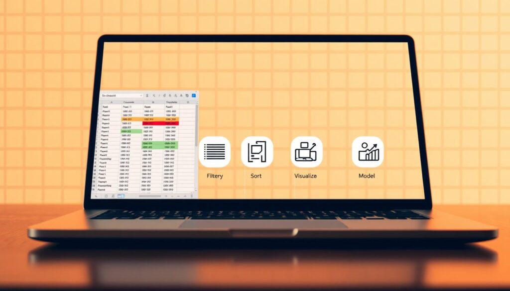 A detailed data analysis workflow with a clean, minimalist aesthetic. In the foreground, a laptop displaying a spreadsheet with highlighted cells, representing the initial data collection and organization. In the middle ground, a series of icons symbolizing the key analytical steps: filtering, sorting, visualizing, and modeling. The background features a subtle grid pattern, evoking the structured nature of the data. Warm, even lighting creates a sense of focus and professionalism. The composition is balanced and symmetrical, guiding the viewer's eye through the various stages of the data analysis process.