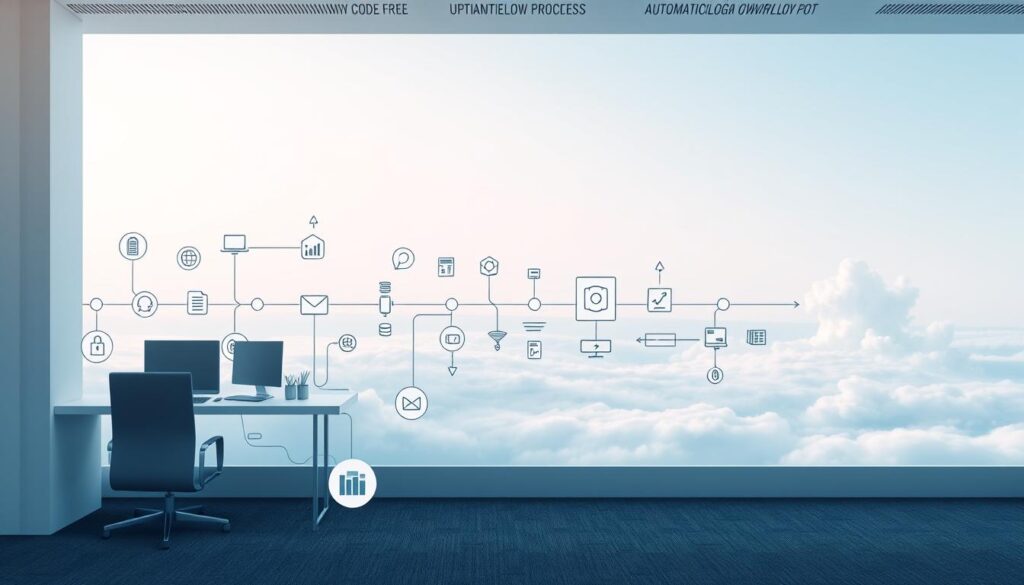 A detailed, dynamic illustration of a "workflow process" or "سير العمل". Set in a clean, modern office environment, with a minimalist aesthetic. In the foreground, a series of interconnected shapes and icons representing the various stages of the workflow, flowing seamlessly from left to right. The middle ground features sleek, high-contrast infographic elements, data visualizations, and process charts that convey the automated, code-free nature of the workflow. The background depicts a serene, cloud-based computing landscape, with subtle gradients and soft lighting that lend an aspirational, futuristic quality to the scene. The overall mood is one of efficiency, simplicity, and technological sophistication.