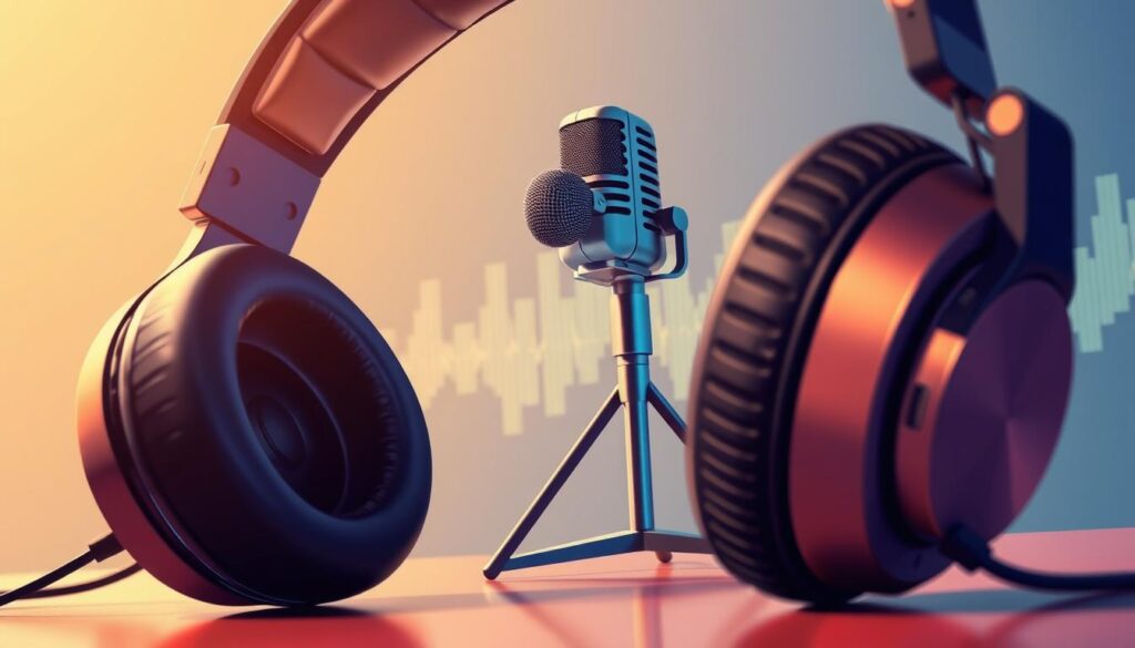 A detailed illustration depicting the concept of "audio quality" (جودة الصوت). The scene features a pair of high-end headphones in the foreground, with intricate, precision-engineered components visible. The mid-ground showcases a professional-grade microphone on a sleek, modern stand, capturing crisp, clean audio. In the background, an abstract waveform visualization pulses and oscillates, visualizing the nuances of sound waves. The lighting is soft and diffused, creating a sense of depth and atmosphere. The overall mood is one of technical precision, high fidelity, and the pursuit of audio excellence - a perfect visual accompaniment to the article on beginner podcast recording.