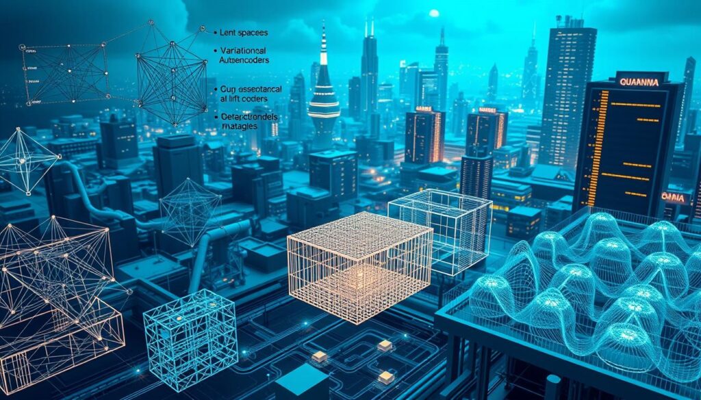 A detailed illustration of various artificial intelligence models, showcasing their unique architectures and capabilities. In the foreground, a collection of complex neural network diagrams depicting generative adversarial networks, variational autoencoders, and transformer-based language models. The middle ground features 3D visualizations of latent spaces and data manifolds, highlighting the abstract representations learned by these AI systems. In the background, a futuristic cityscape with towering data centers and glowing quantum computers, symbolizing the technological advancements enabling modern generative AI. The scene is bathed in a cool, blue-toned lighting, conveying a sense of scientific precision and technological innovation.