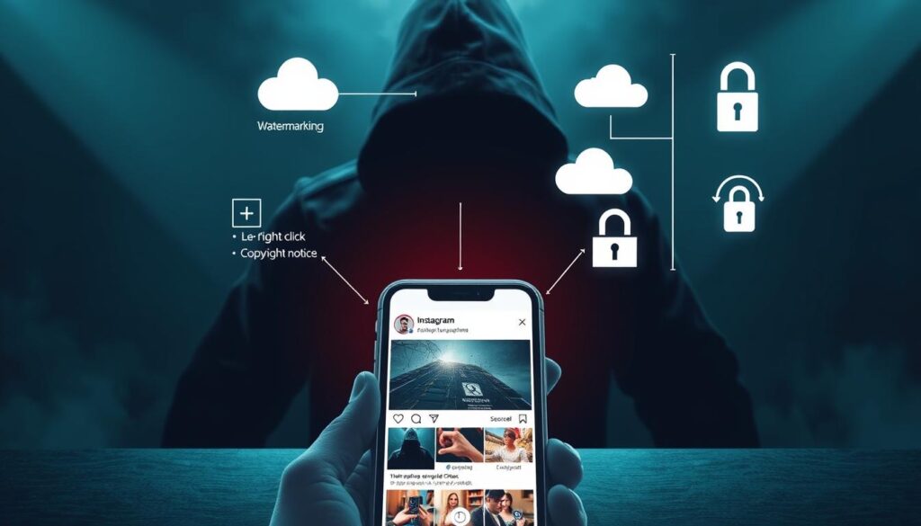 A digital illustration of various techniques to protect Instagram photos from theft. The foreground depicts a smartphone screen displaying the Instagram app interface, showcasing the platform's photo sharing capabilities. The middle ground highlights different security options like watermarking, disabling right-click, and using copyright notices. The background depicts a shadowy figure representing malicious intent, contrasted by secure cloud icons and encryption symbols, emphasizing the need for robust protection. The scene is bathed in a cool, muted color palette, creating a serious, technical atmosphere. Dramatic lighting casts dramatic shadows, enhancing the sense of importance and urgency around safeguarding digital content.
