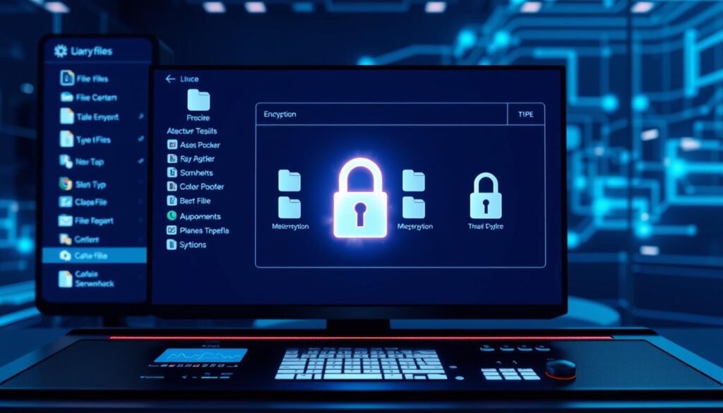 A digital interface displaying various file types and folders, with a prominent window showcasing the automated file encryption process. The scene is bathed in a soft, blue-hued glow, creating a sense of security and protection. In the foreground, a sleek, futuristic-looking computer console with intuitive controls and displays, allowing the user to manage the seamless encryption of their data. The middle ground features a 3D representation of the file system, with intricate lock symbols overlaying the folders, conveying the robust encryption applied. The background subtly hints at a larger network or cloud infrastructure, emphasizing the comprehensive data security solution. Overall, the image conveys a harmonious blend of technology, functionality, and the reassuring sense of having one's files securely encrypted.