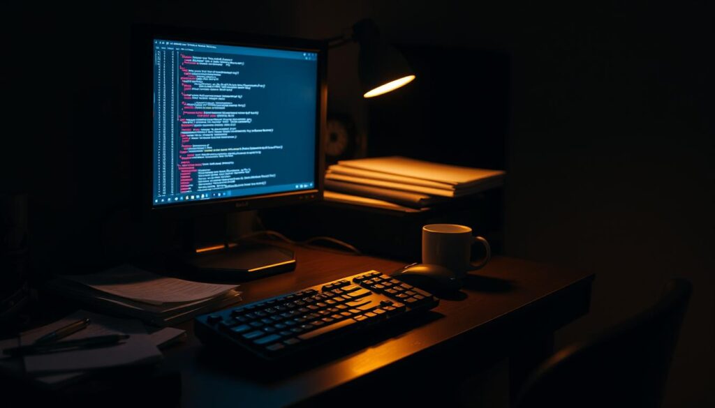 A dimly lit computer desk with a traditional desktop computer, keyboard, and mouse. The screen displays lines of code in a code editor. On the desk, there are scattered paper documents, pens, and a coffee mug. The room is illuminated by a warm desk lamp, casting a soft, focused light on the work area. The background is slightly blurred, suggesting an office or study environment. The overall scene conveys a sense of focused, meticulous work, reflecting the methodical nature of traditional programming.