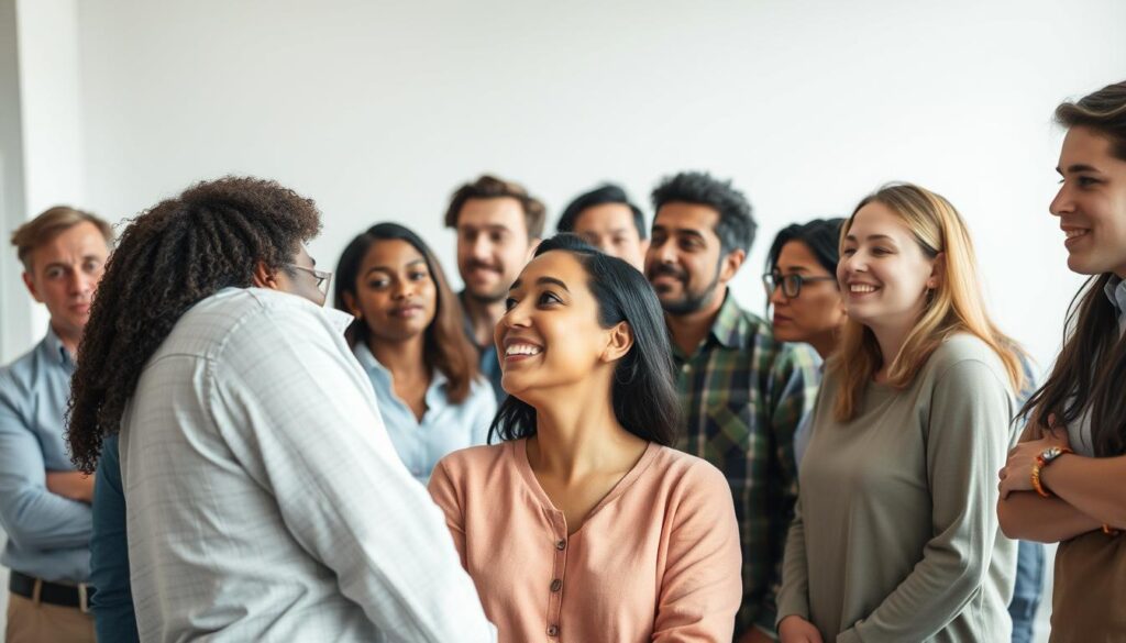 A diverse group of people from various backgrounds, ages, and lifestyles, gathered in a modern, well-lit office space. The scene conveys a sense of engagement and attentiveness, with the subjects leaning forward, making eye contact, and appearing invested in the conversation. The lighting is soft and diffused, creating a warm and inviting atmosphere. The background is clean and minimalist, allowing the focus to remain on the group. The overall composition aims to visually represent the concept of a "targeted audience" - a heterogeneous group united by a shared interest or need.