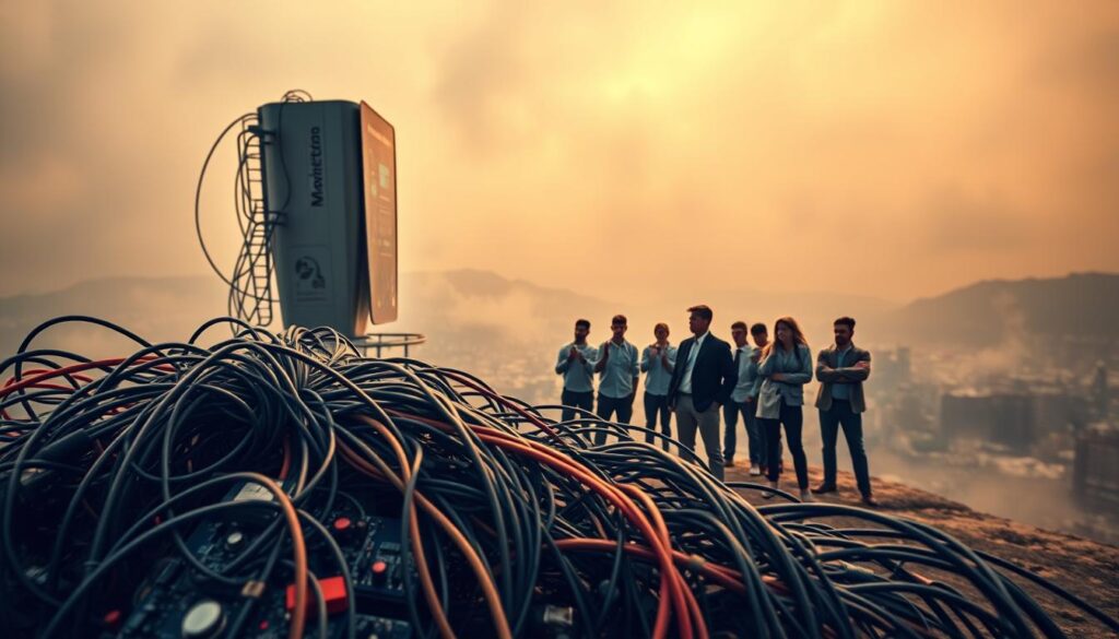 A dynamic scene depicting the challenges of marketing automation. In the foreground, a tangled web of cables and circuit boards represents the technical complexities of integrating various marketing platforms and data sources. In the middle ground, a group of perplexed marketers gestures towards a towering digital interface, symbolizing the steep learning curve and operational hurdles. The background features a hazy, distorted landscape, hinting at the unpredictable nature of the digital landscape and the need for agile strategies. Warm lighting casts an air of contemplation, while the overall composition conveys a sense of uncertainty and the need for innovative solutions to overcome the barriers of marketing automation. A dynamic scene depicting the challenges of marketing automation. In the foreground, a tangled web of cables and circuit boards represents the technical complexities of integrating various marketing platforms and data sources. In the middle ground, a group of perplexed marketers gestures towards a towering digital interface, symbolizing the steep learning curve and operational hurdles. The background features a hazy, distorted landscape, hinting at the unpredictable nature of the digital landscape and the need for agile strategies. Warm lighting casts an air of contemplation, while the overall composition conveys a sense of uncertainty and the need for innovative solutions to overcome the barriers of marketing automation.
