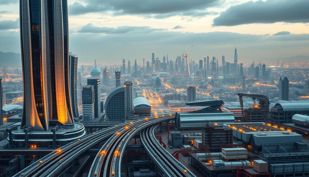 A futuristic cityscape with towering skyscrapers and gleaming, streamlined architecture. In the foreground, a network of automated transport systems and robotic workers efficiently carrying out tasks. The midground features advanced manufacturing facilities and warehouses, showcasing the seamless integration of automation in industrial processes. In the background, a panoramic skyline of a bustling, technologically-advanced metropolis, bathed in a warm, ambient light that creates a sense of progress and innovation. The overall scene conveys a vision of a highly efficient, automated future where human labor is seamlessly augmented by intelligent systems, optimizing workflows and unlocking new possibilities.
