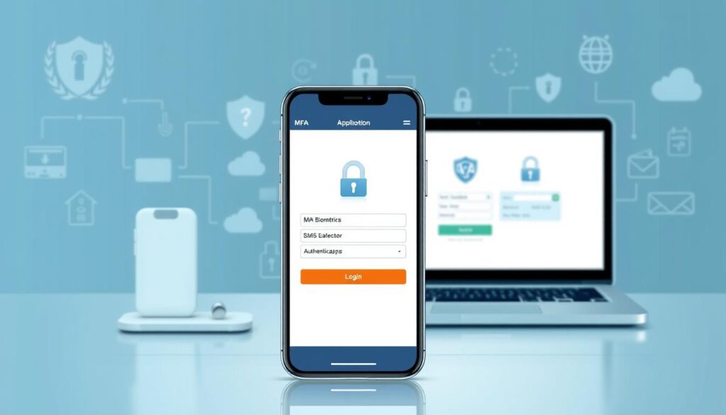 A high-resolution, detailed digital illustration depicting various multi-factor authentication (MFA) applications on a clean, modern interface. The foreground showcases a smartphone screen displaying MFA options like biometrics, SMS, and authenticator apps. The middle ground features a laptop and tablet with MFA login screens. The background includes subtle icons and graphics representing security, encryption, and two-factor authentication concepts. The overall scene has a sleek, minimalist aesthetic with cool, muted tones to convey a sense of technological sophistication and robust security. A high-resolution, detailed digital illustration depicting various multi-factor authentication (MFA) applications on a clean, modern interface. The foreground showcases a smartphone screen displaying MFA options like biometrics, SMS, and authenticator apps. The middle ground features a laptop and tablet with MFA login screens. The background includes subtle icons and graphics representing security, encryption, and two-factor authentication concepts. The overall scene has a sleek, minimalist aesthetic with cool, muted tones to convey a sense of technological sophistication and robust security.