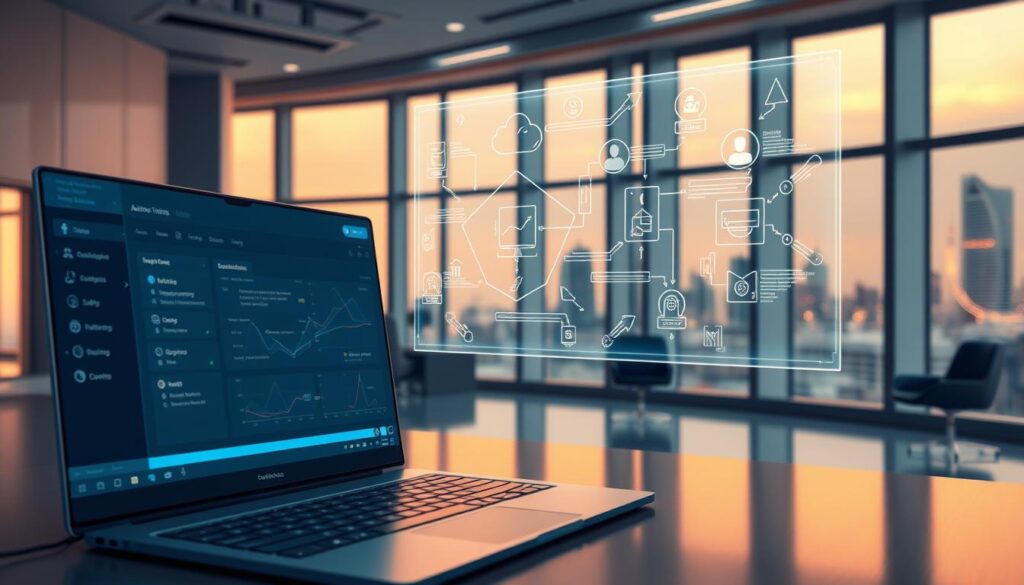 A highly detailed, meticulously rendered digital illustration showcasing the application of automation workflows. In the foreground, a desktop interface displays various automation tools and settings, with clean iconography and intuitive UI elements. The middle ground features a holographic projection of interconnected workflow processes, visualized through sleek geometric shapes and dynamic data visualizations. The background depicts a futuristic, minimalist office environment with large windows overlooking a cityscape, bathed in warm, diffused lighting that creates a sense of depth and atmosphere. The overall composition conveys a smooth, efficient, and visually captivating portrayal of the implementation of automation systems.