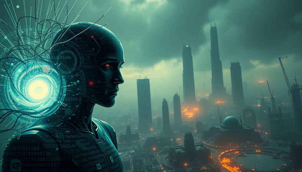 A highly technical and complex scene depicting the challenges and risks associated with generative artificial intelligence. In the foreground, a humanoid AI figure emerges from a swirling vortex of digital code and data, its face obscured by a glowing, otherworldly light. In the middle ground, towering monolithic structures representing the scale and power of AI systems loom ominously. The background is shrouded in an ominous haze, with scattered glimpses of dystopian cityscapes and ominous technological artifacts. The scene conveys a sense of unease, uncertainty, and the potential for catastrophic consequences if generative AI systems are not developed and deployed responsibly.