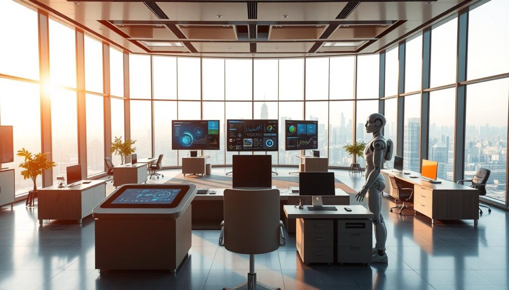 A large, modern office workspace with sleek, minimalist furniture and equipment. In the foreground, an array of advanced AI tools and interfaces, including a touchscreen command console, a holographic display, and a humanoid robot assistant. The middle ground features various data visualization screens and analytical dashboards. The background showcases a panoramic city skyline visible through floor-to-ceiling windows, bathed in warm, natural lighting. The overall atmosphere conveys a sense of innovation, efficiency, and the transformative power of AI technologies that are reshaping the way businesses operate.