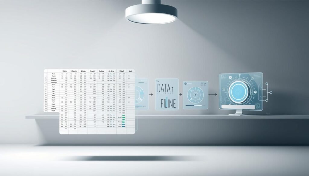 A meticulously designed data analysis workflow. In the foreground, a large, neatly organized spreadsheet hovers, its columns and rows filled with rich data. Surrounding it, a series of icons and infographic elements illustrate the key steps: data collection, cleaning, analysis, and visualization. The middle ground features sleek, futuristic-looking data processing tools and algorithms, their inner workings visible through semi-transparent panels. In the background, a soft, minimalist environment with clean lines and a muted color palette, creating a sense of order and professionalism. Dramatic lighting from above casts subtle shadows, emphasizing the depth and structure of the scene. The overall impression is one of a systematic, well-planned data analysis process, ready to yield valuable insights. A meticulously designed data analysis workflow. In the foreground, a large, neatly organized spreadsheet hovers, its columns and rows filled with rich data. Surrounding it, a series of icons and infographic elements illustrate the key steps: data collection, cleaning, analysis, and visualization. The middle ground features sleek, futuristic-looking data processing tools and algorithms, their inner workings visible through semi-transparent panels. In the background, a soft, minimalist environment with clean lines and a muted color palette, creating a sense of order and professionalism. Dramatic lighting from above casts subtle shadows, emphasizing the depth and structure of the scene. The overall impression is one of a systematic, well-planned data analysis process, ready to yield valuable insights.