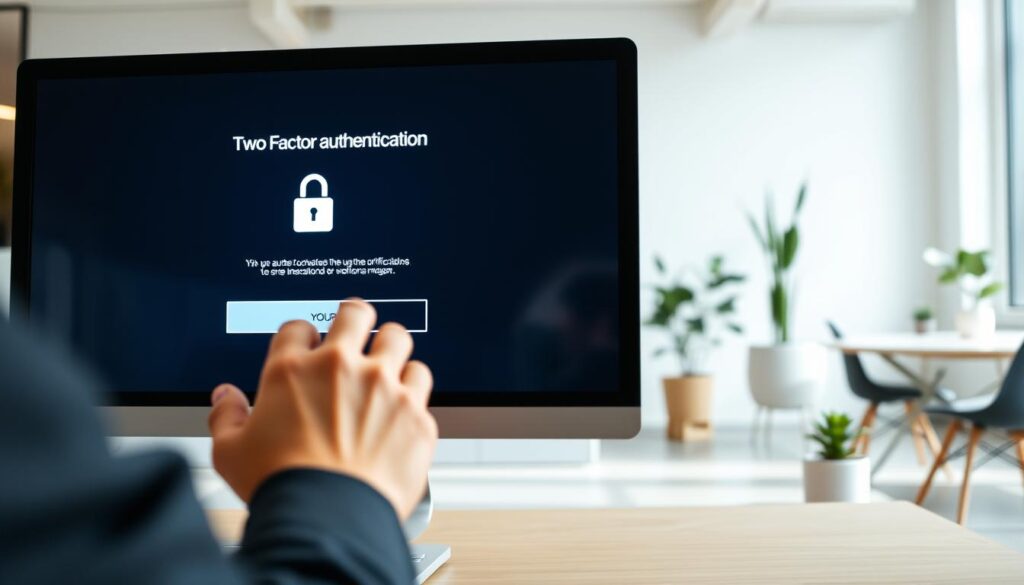 A modern office interior with a focused view of a computer screen displaying a two-factor authentication interface. The foreground features a person's hands interacting with the screen, while the background showcases a minimalist workspace with subtle office decor elements, such as plants and modern furniture. The lighting is soft and natural, creating a calming and professional atmosphere. The overall scene conveys the process of secure user verification through the use of two-factor authentication, reflecting the concepts of cybersecurity and digital access control. A modern office interior with a focused view of a computer screen displaying a two-factor authentication interface. The foreground features a person's hands interacting with the screen, while the background showcases a minimalist workspace with subtle office decor elements, such as plants and modern furniture. The lighting is soft and natural, creating a calming and professional atmosphere. The overall scene conveys the process of secure user verification through the use of two-factor authentication, reflecting the concepts of cybersecurity and digital access control.