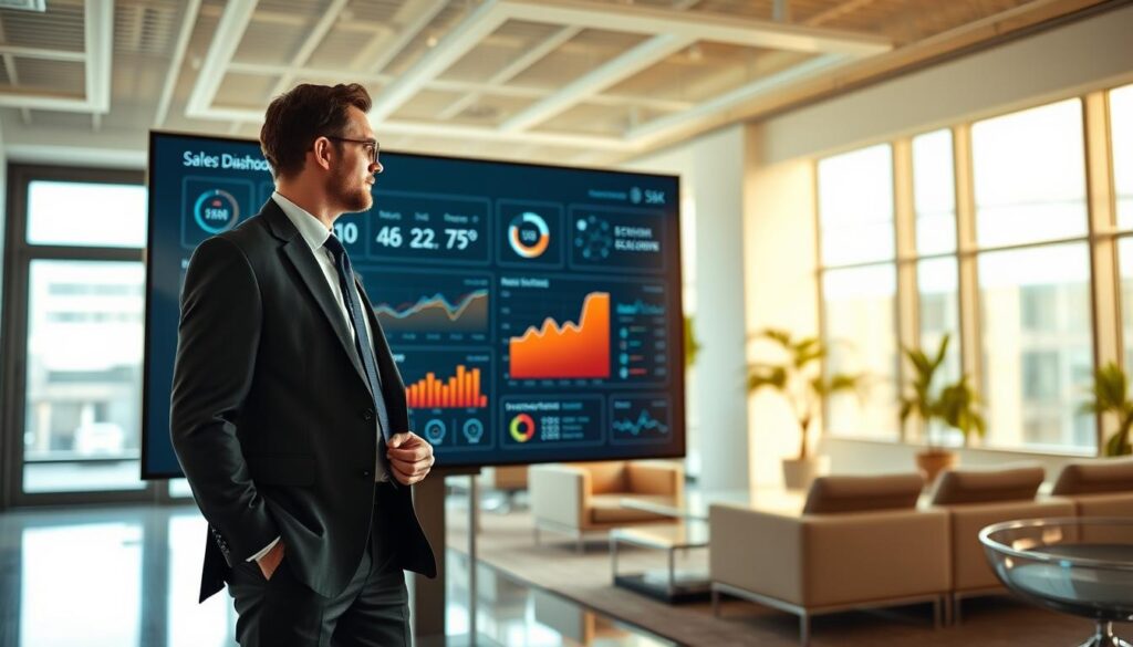 A modern office setting with a large screen displaying a sales dashboard. In the foreground, a businessman in a suit stands in a thoughtful pose, studying the data. The middle ground features various sales-related icons and graphs, conveying a sense of automated analytics and streamlined processes. The background shows a clean, minimalist workspace with sleek furniture and large windows, bathed in warm, natural lighting that creates a professional, productive atmosphere. The overall scene suggests an efficient, technology-driven sales operation where data-driven decision-making and automation play a central role.