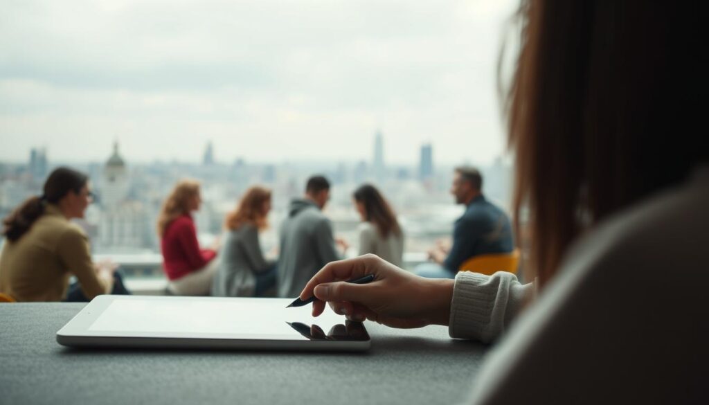 A modern storytelling scene with a digital tablet and pen in the foreground, representing the use of technology in contemporary narrative techniques. In the middle ground, a group of people gathered around, engaged in a lively discussion, symbolizing the collaborative and interactive nature of storytelling today. The background features a blurred cityscape, hinting at the urban and connected context in which these new storytelling methods thrive. Soft, diffused lighting creates a contemplative and creative atmosphere, while a muted color palette suggests the thoughtful and introspective nature of the subject matter.