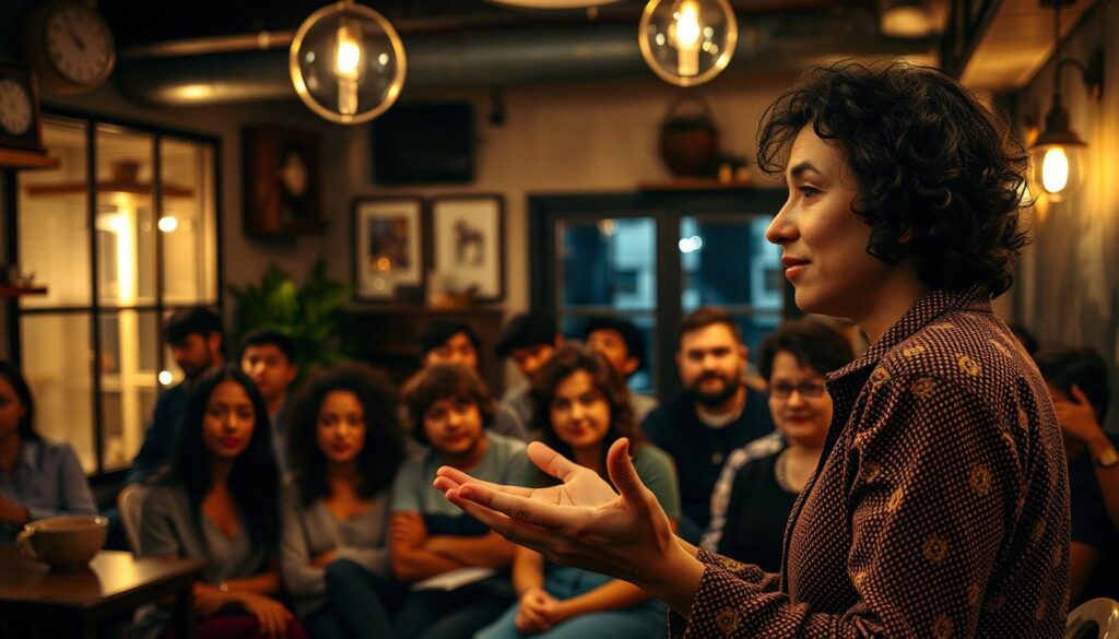 A modern storytelling scene with a diverse group of people gathered in a cozy, dimly lit cafe. In the foreground, a captivating speaker gesticulates as they share a compelling narrative, drawing the audience in with their expressive body language. The middle ground features a mix of attentive listeners, their faces illuminated by warm, soft lighting that creates an intimate atmosphere. In the background, a subtle blend of vintage decor and contemporary elements sets the stage for this contemporary storytelling session. The overall mood is one of intellectual engagement, cultural exchange, and a shared appreciation for the power of the spoken word.
