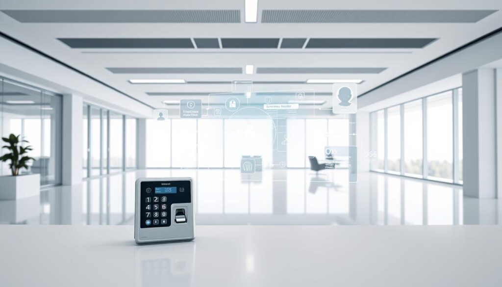 A pristine white office environment, with a sleek and modern aesthetic. In the foreground, a digital keypad and biometric scanner sit atop a minimalist desk, representing the secure access controls of an identity and access management (IAM) system. The middle ground features a large, holographic display, showcasing a visual representation of user identities, access permissions, and authentication processes. The background is a clean, well-lit space, with floor-to-ceiling windows providing natural illumination and a sense of transparency. The overall atmosphere conveys a strong emphasis on digital security, efficiency, and the importance of controlling and managing digital identities.